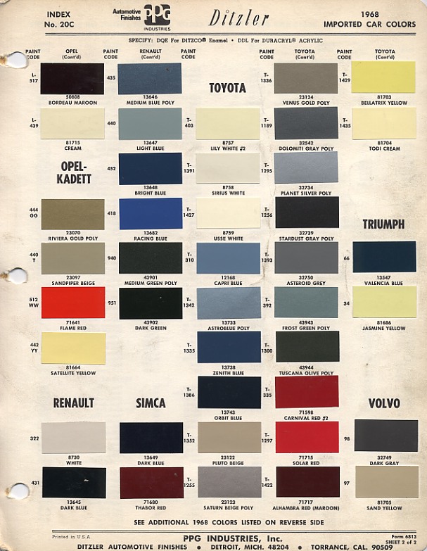 Original PPG Ditzler Automotive Paint Finish Imported Car Color Chart  1968-1974